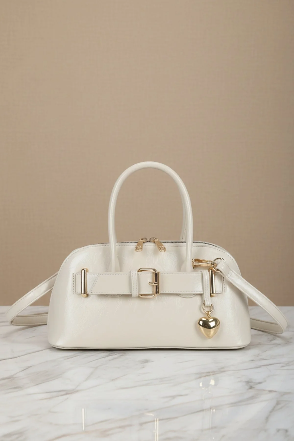 Beige Buckle Detail Bowling Bag