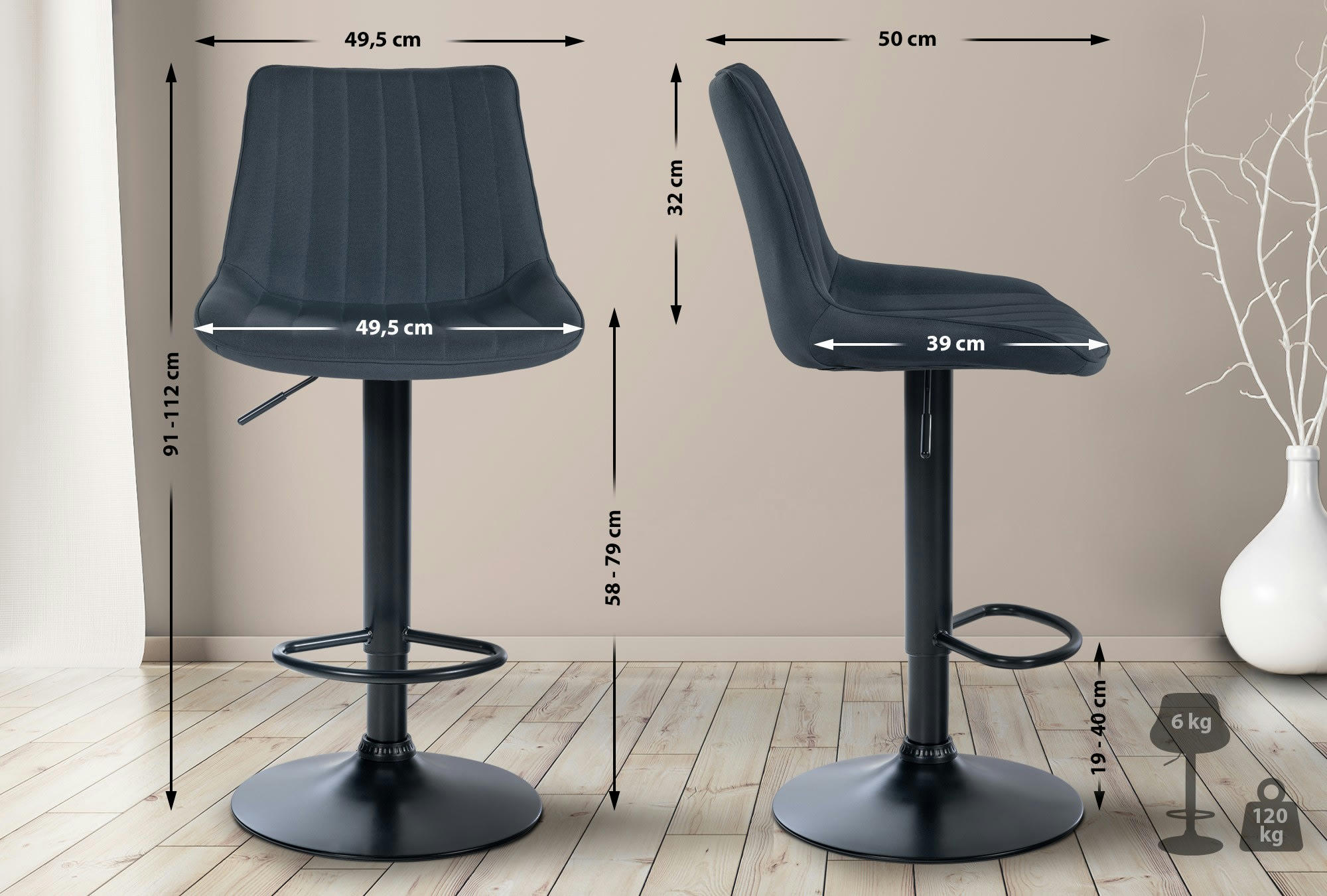 TONI - Tabouret de bar en tissu ajustable pivotant tissu Gris foncé