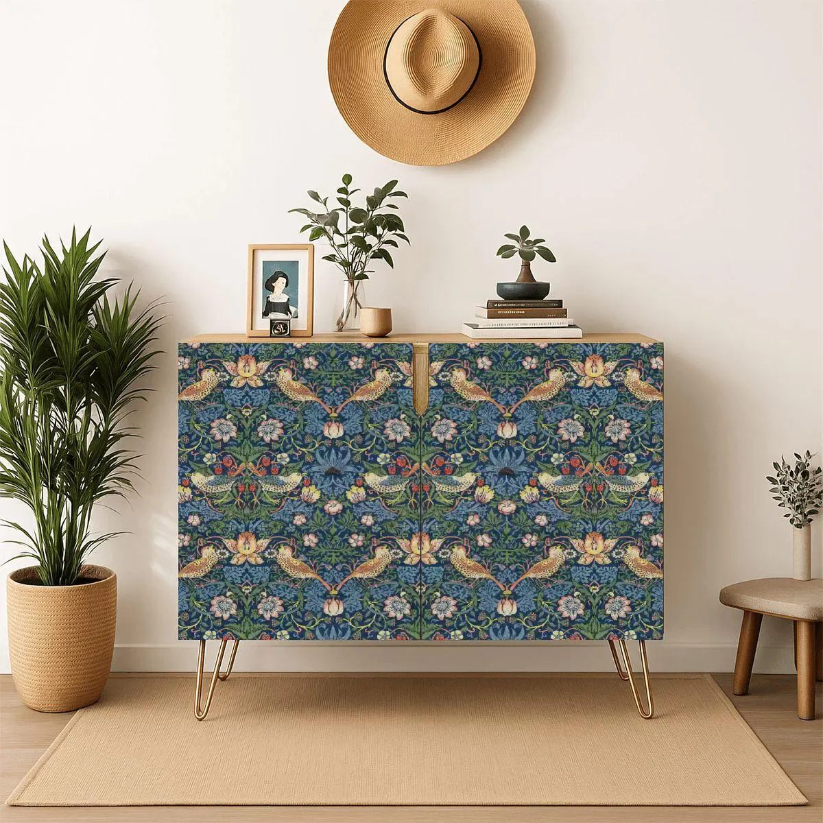 William Morris Strawberry Thief Sideboard Cabinet, Blue Floral Storage Console