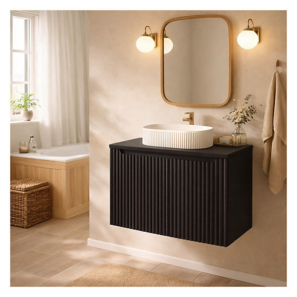 Ensemble de salle de bain suspendu VANO 80cm : meuble sous vasque à placards rainuré noir mat et plan pour vasque noir mat
