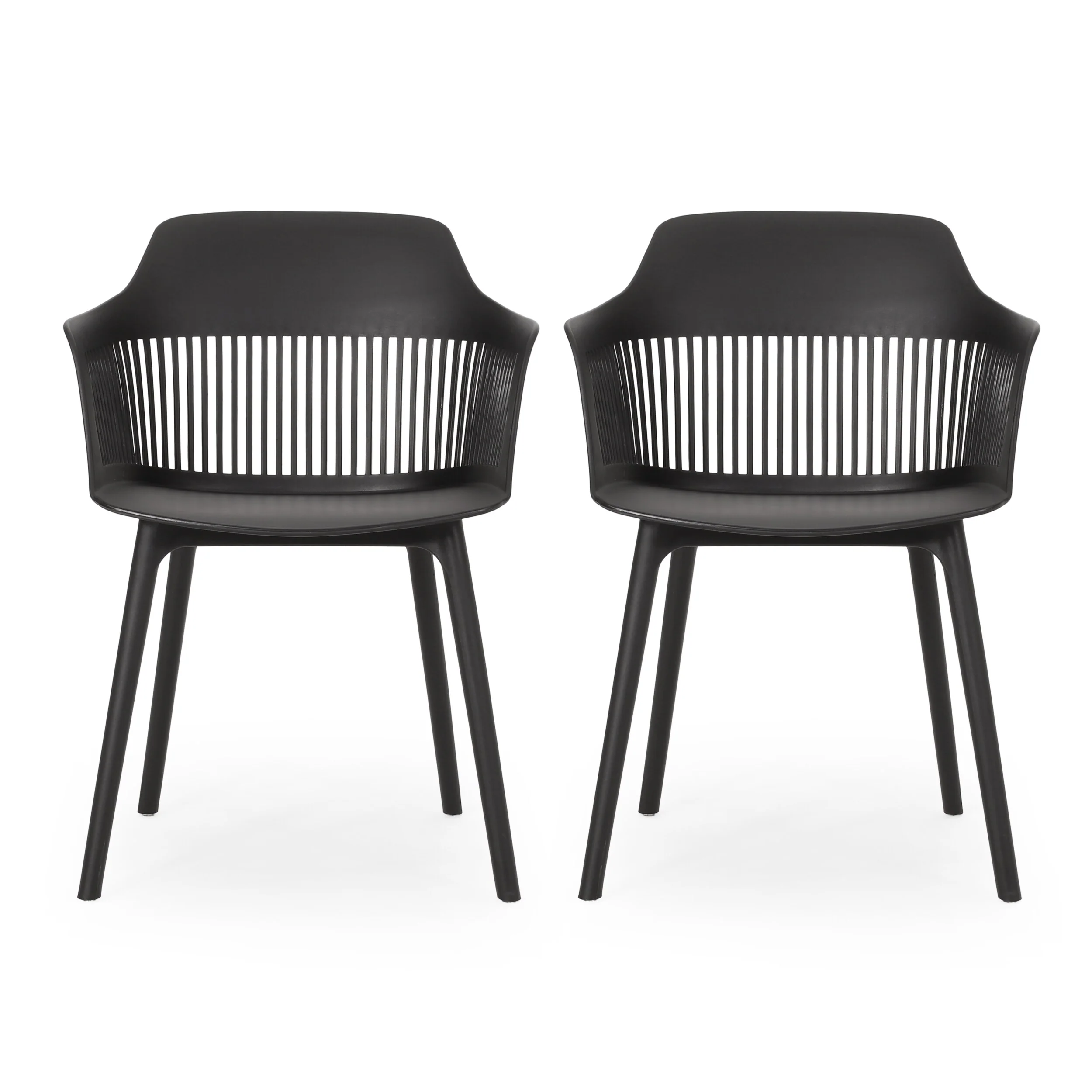 Roomfitters Modern Plastic Armchairs with Slatted Backrest, Weather-Resistant Patio Seating Set of 2, Black