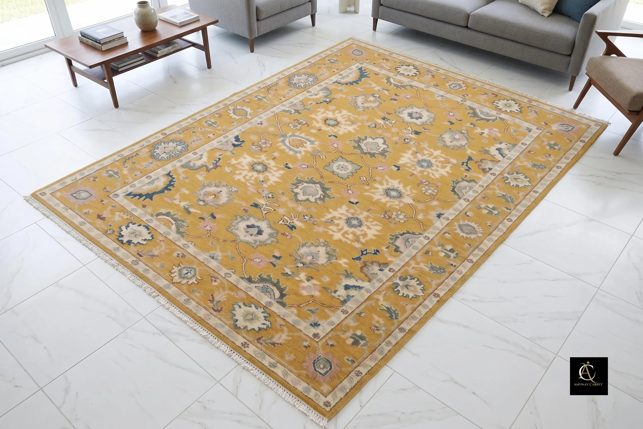Hand Knotted Wool Rug, Mustard Yellow Floral Area Rug, Vintage Persian Style Rug, Traditional Oriental Rug, Boho Living Room Carpet