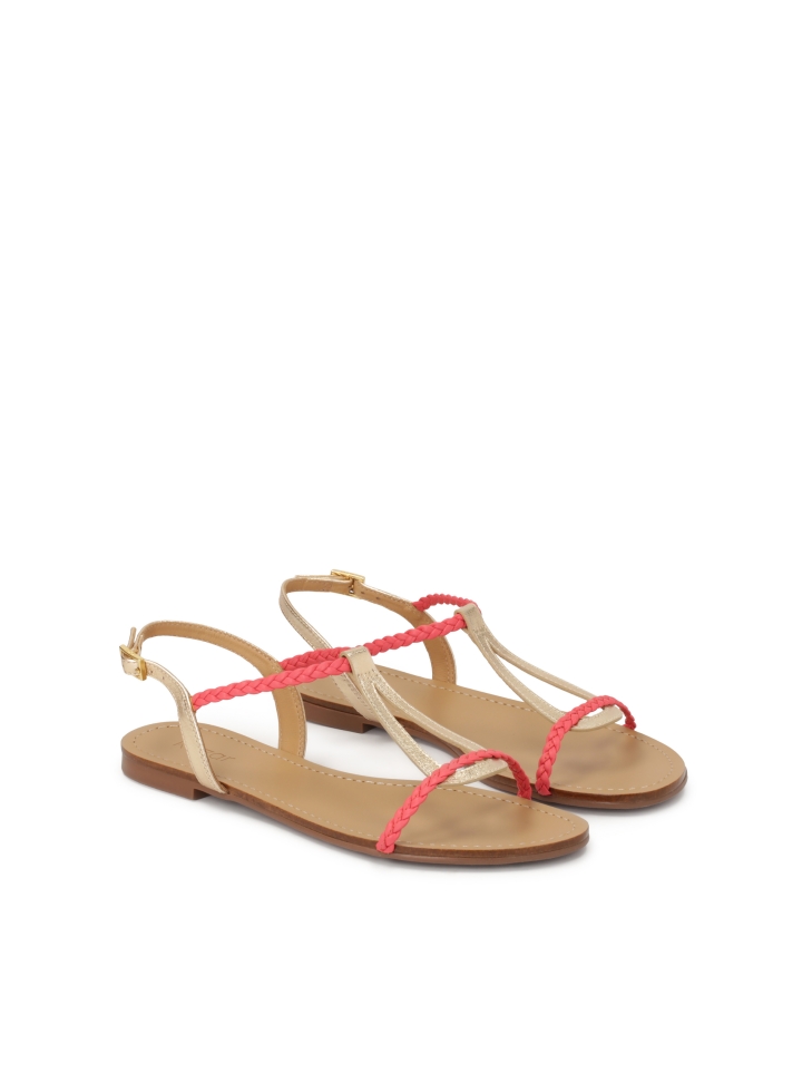 Pink and gold flat leather sandals