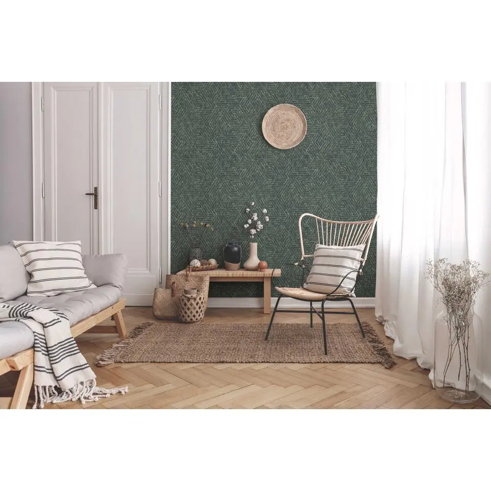 Sanders & Sanders behang grafische lijnen donkergroen - 53 cm x 10 m