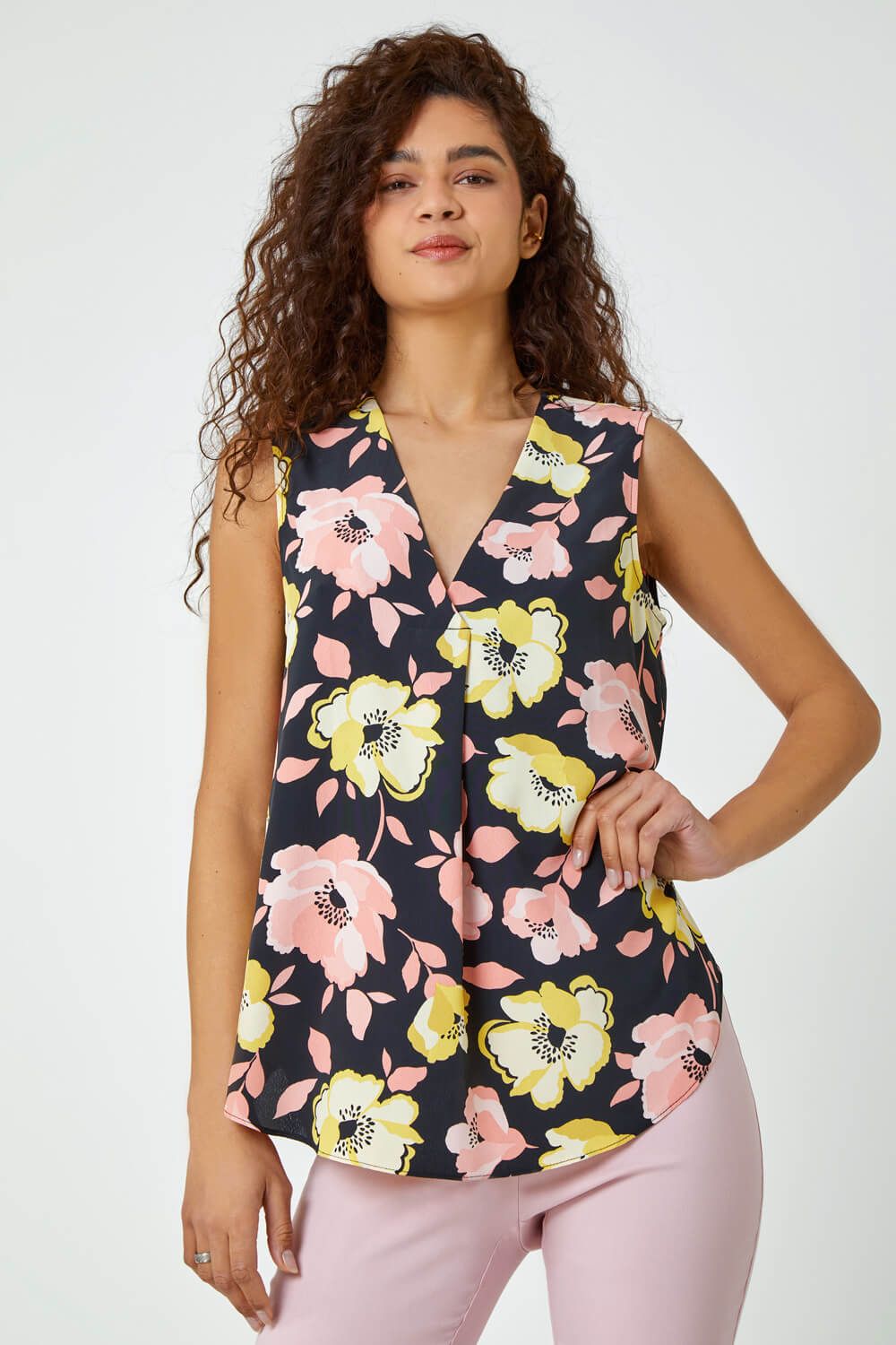 Roman Sleeveless V-Neck Floral Pleat Front Top