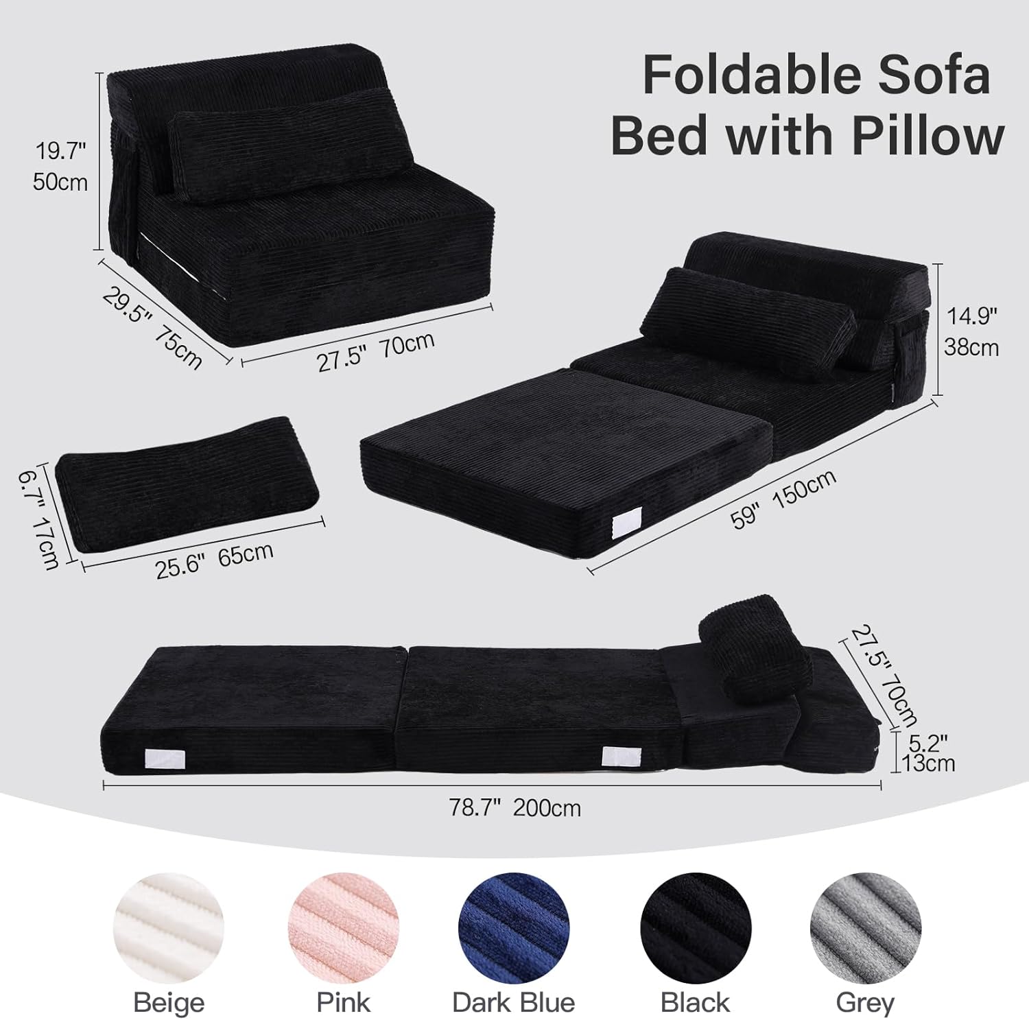 Folding Sofa Bed with Pillow, Convertible Sleeper Chair, Comfy Floor Futon Couch Mattress Lounge Sofa for Adults Portable Fold Out Chair Bed for Living Room Bedroom, Single, Black
