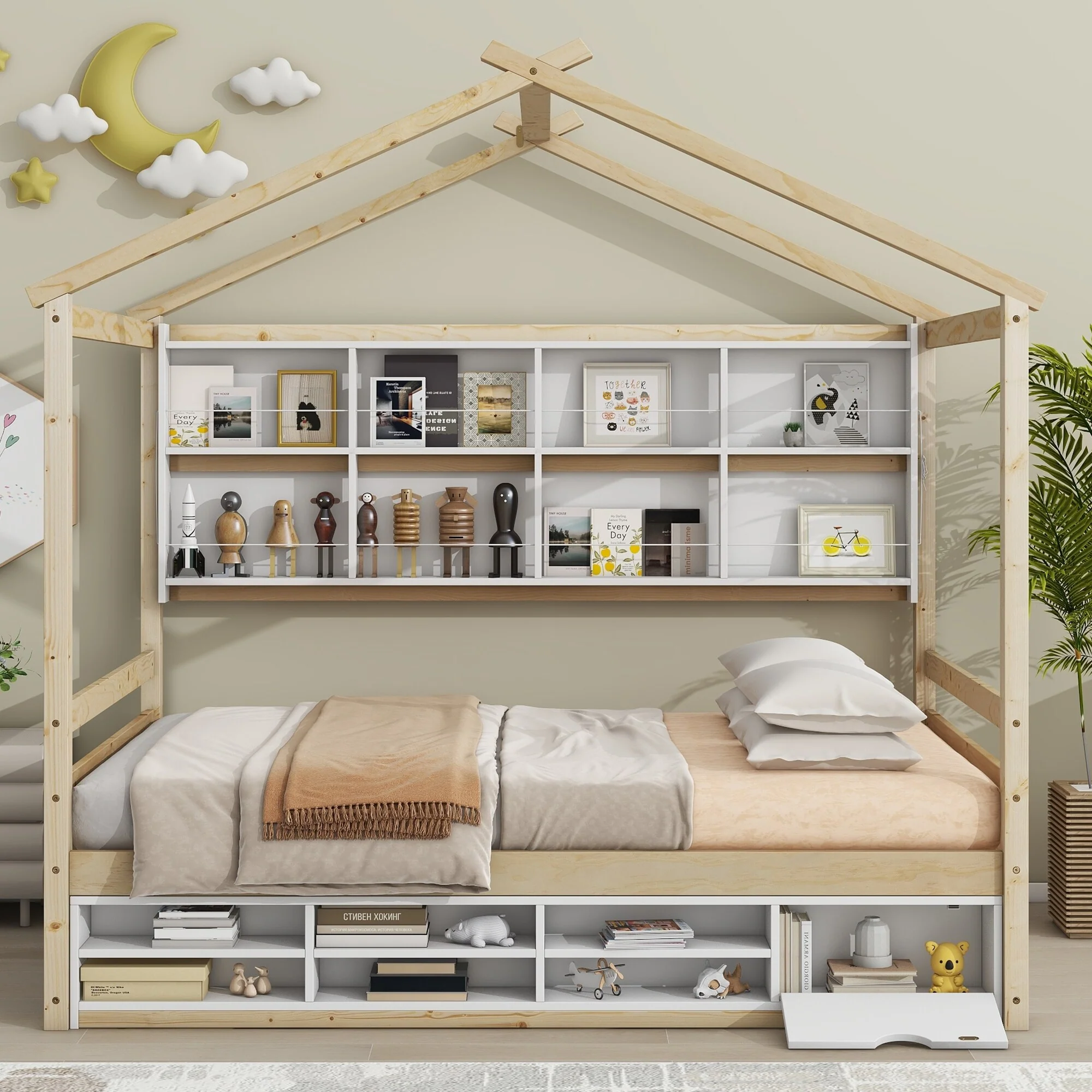 House Bed with Roof, Shelves, & Under Bed Storage
