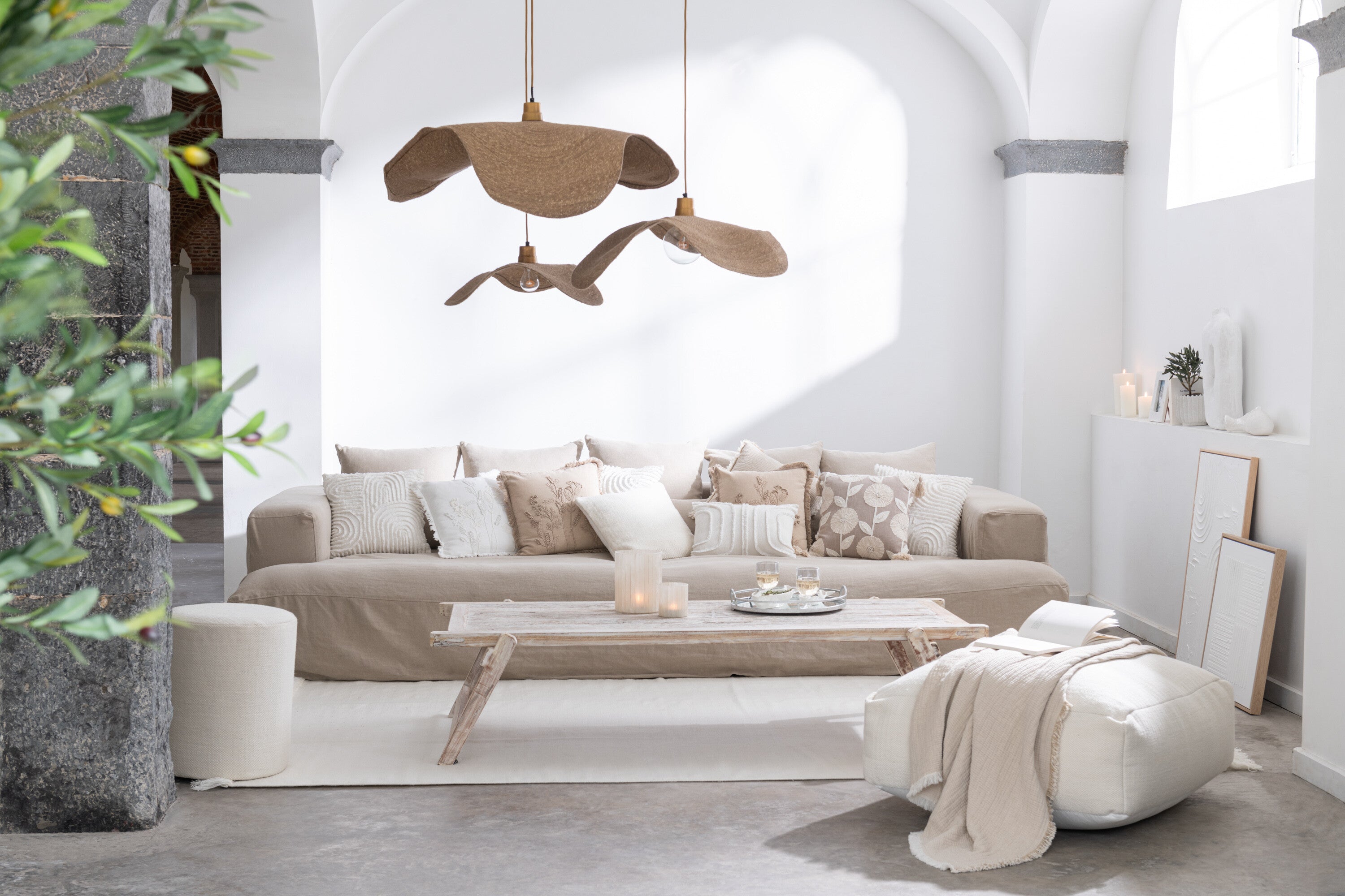 J-Line kussen Bloemen/Bladeren - katoen - taupe/beige
