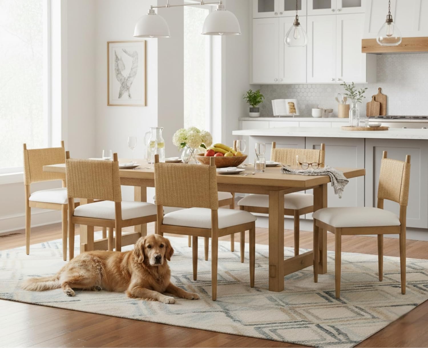 CIMOTA Modern Dining Chairs Set of 6, Mid Century Upholstered Dining Room Chairs with Woven Back, Armless Kitchen Chairs with Natural Solid Wood Legs, Linen Beige