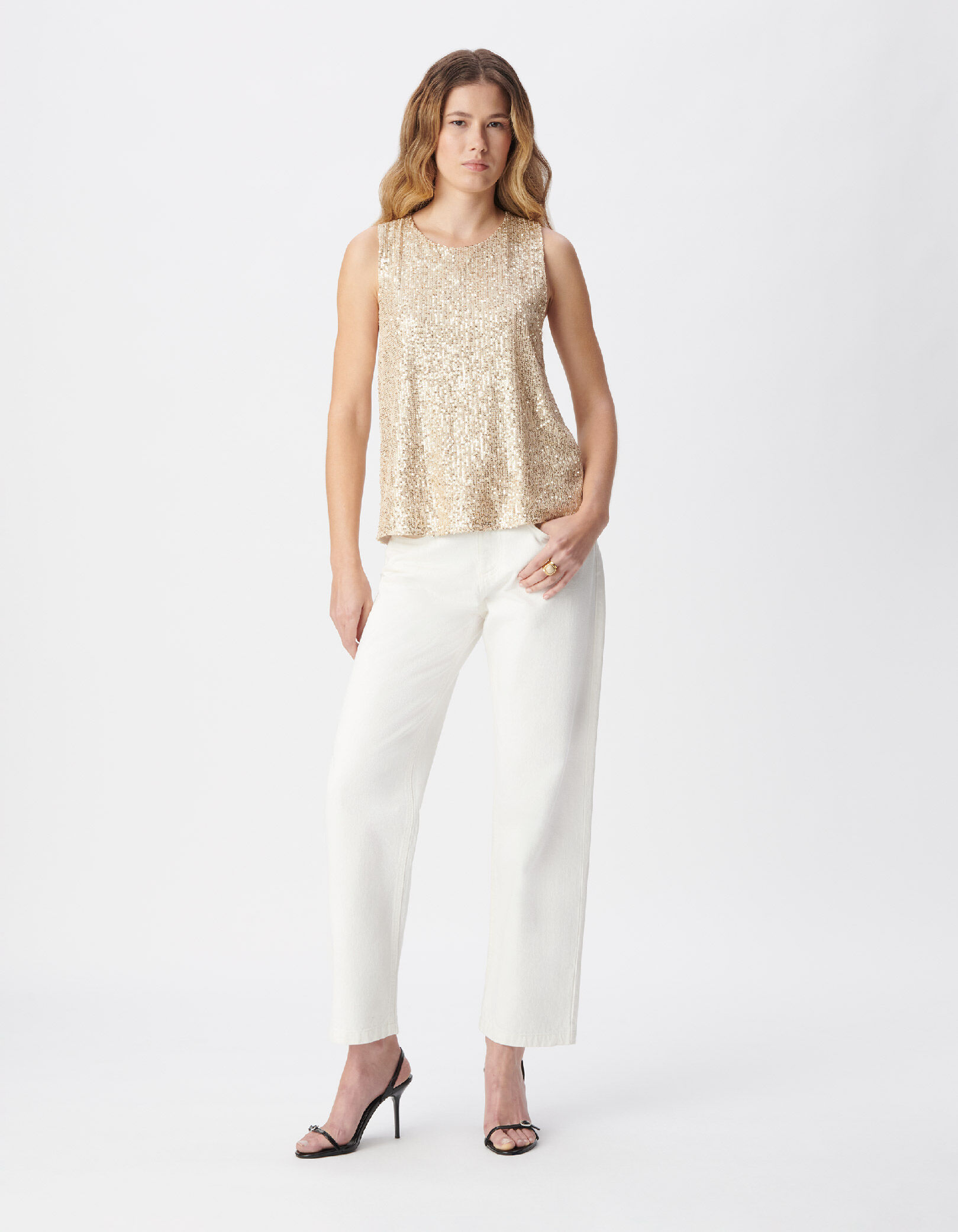 Tee-shirt sans manches doré brodé sequins noeud dos Femme