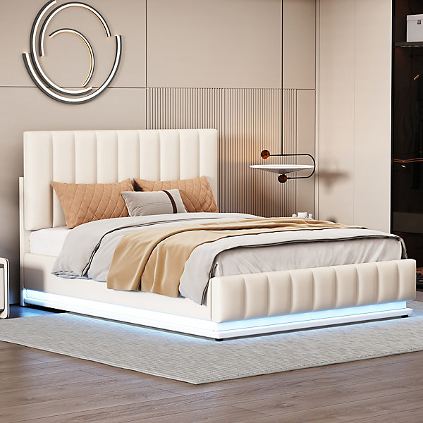 Lit 140x200 cm avec rangement hydraulique et éclairage LED, tapissé similicuir blanc, tête de lit réglable