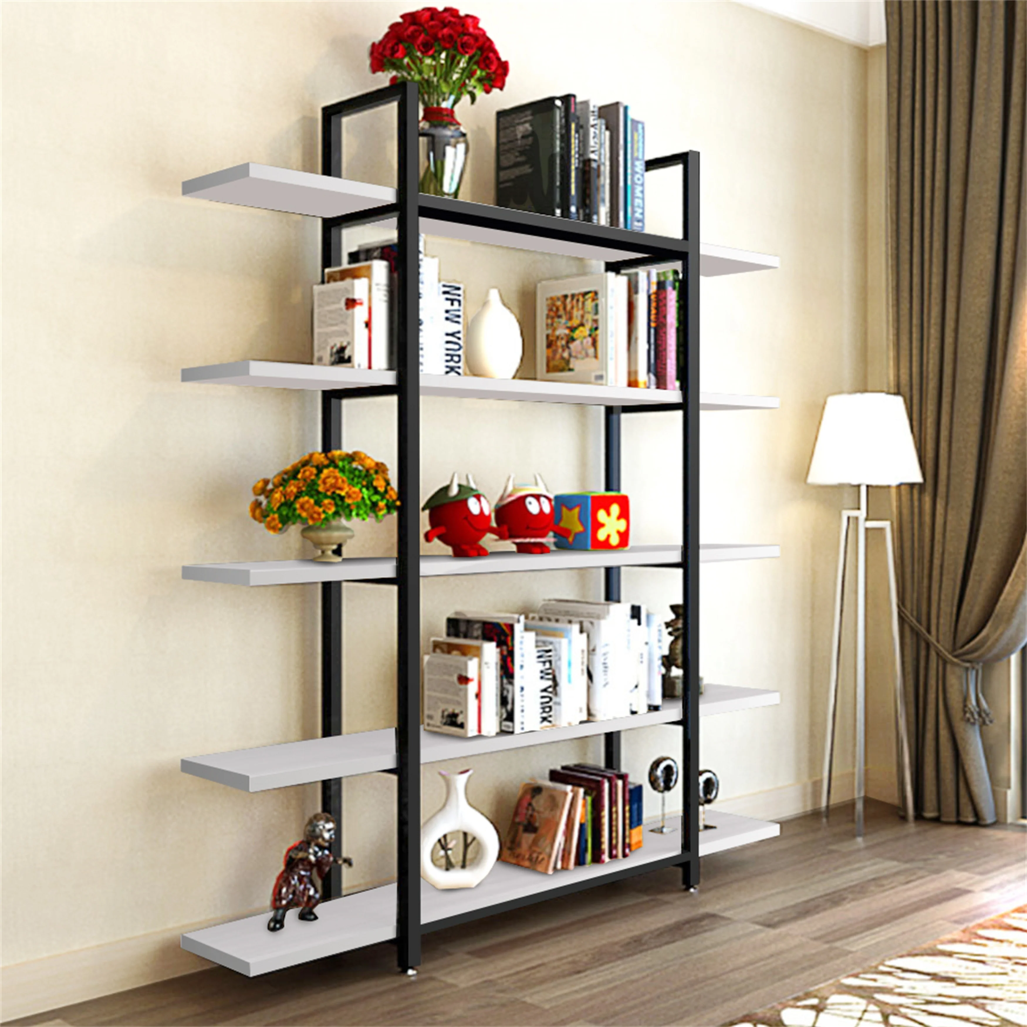 Brown Vintage Industrial 5-Tier Etagere Bookcase, White/ Gold Modern Display Bookshelf