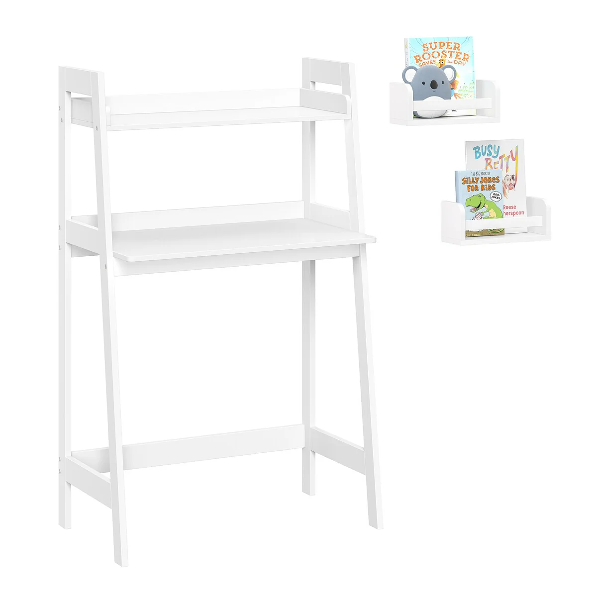 RiverRidge Kids Art Table Desk with Ladder Shelf and Open Storage Shelf for Playroom - White with 2 10 Floating Bookshelves