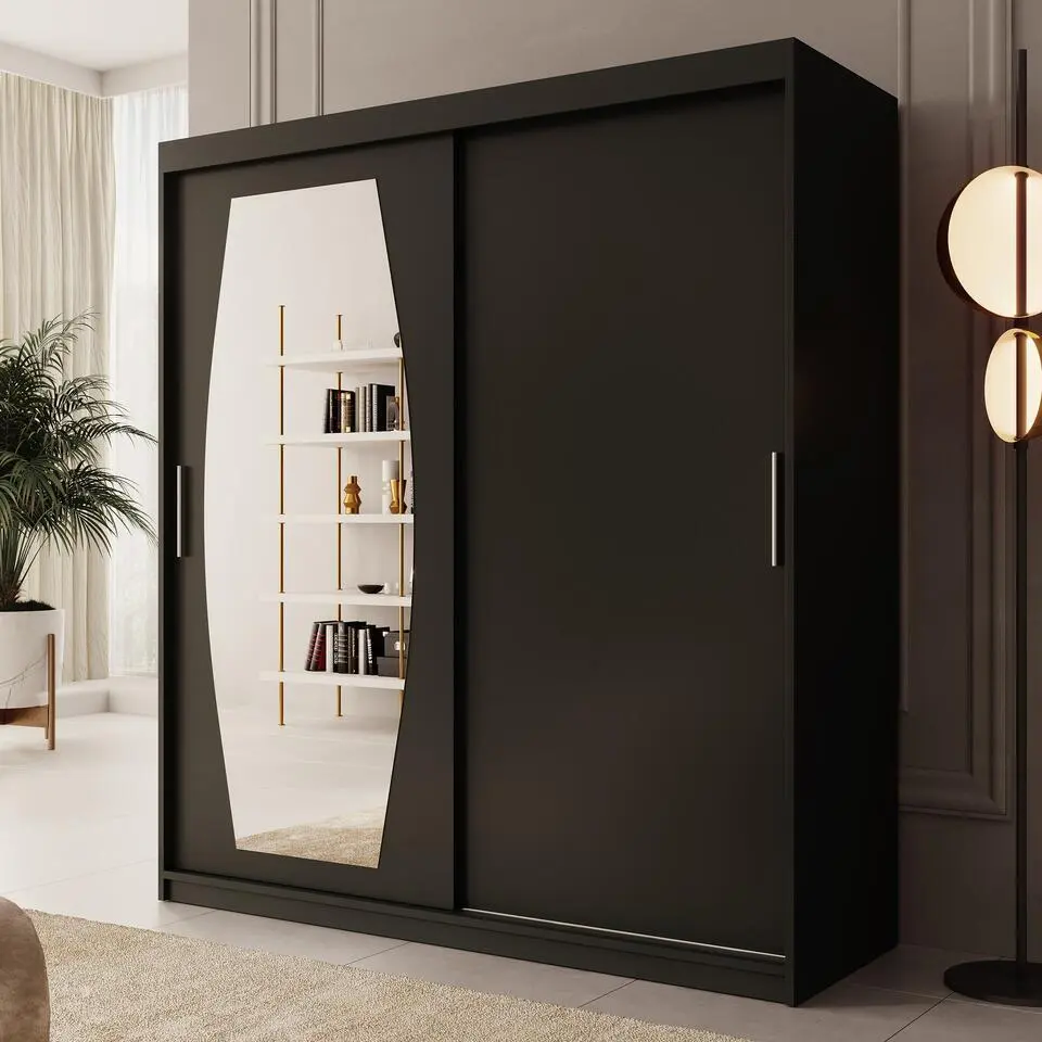 Meubella - Kledingkast Azai - Zwart - 180 cm - Met spiegel