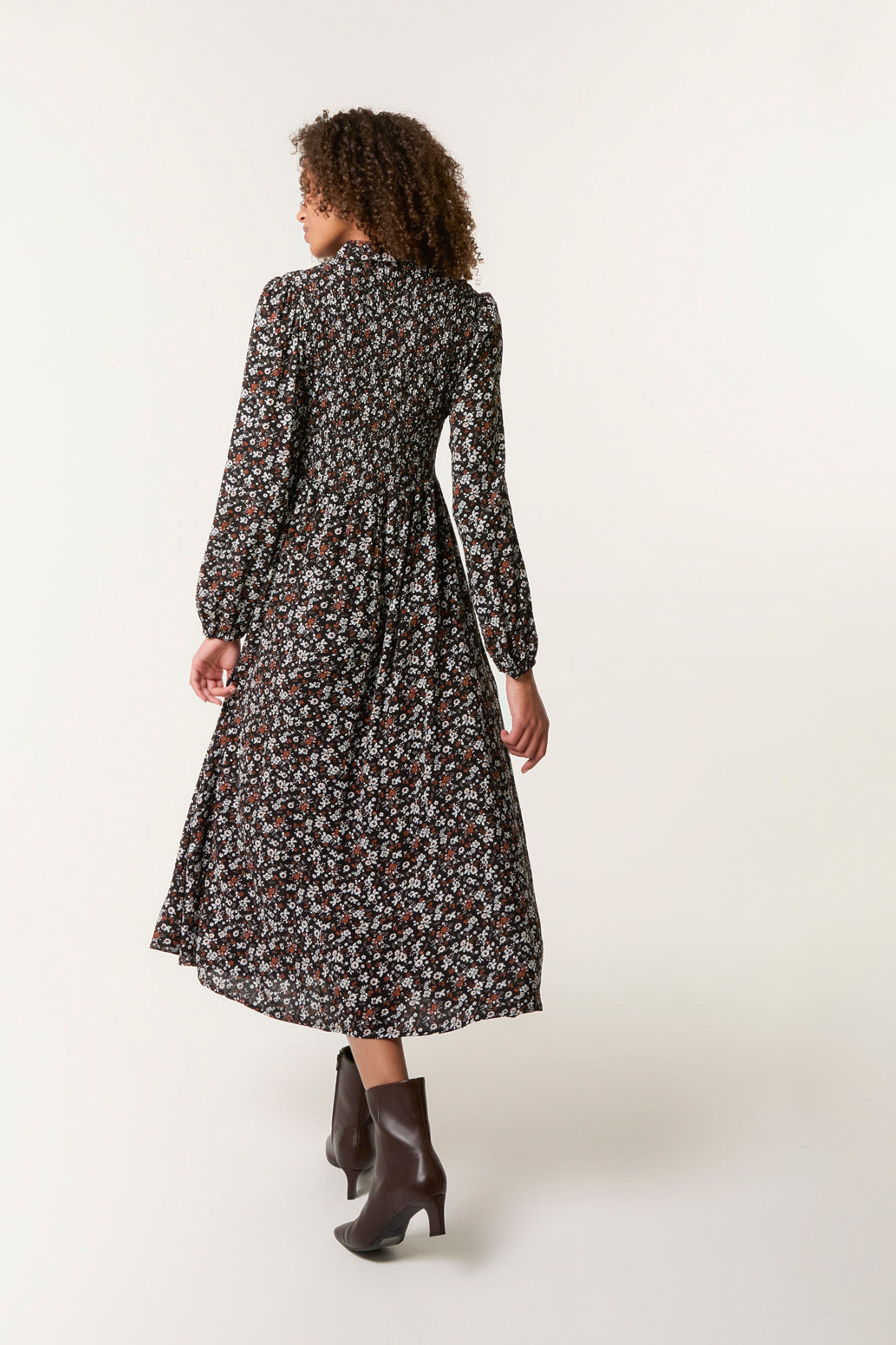 Blue Vanilla Black Ditsy Floral Long Sleeve Shirred Maxi Dress