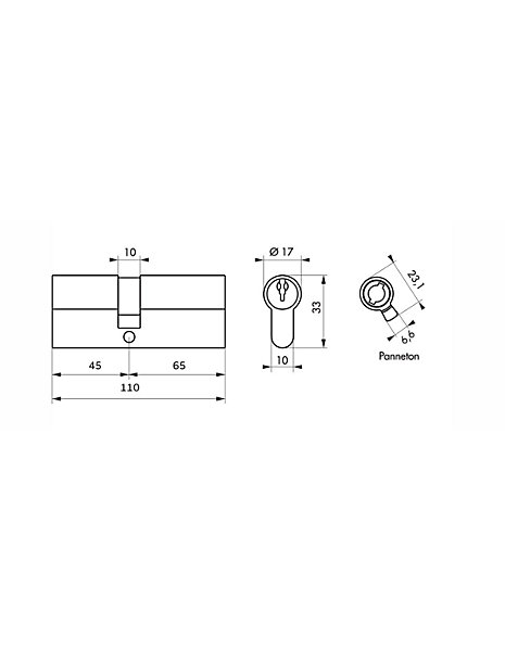 Cylindre STD double entrée, 45x 65 mm anti-arrachement, laiton, 3 clés - THIRARD