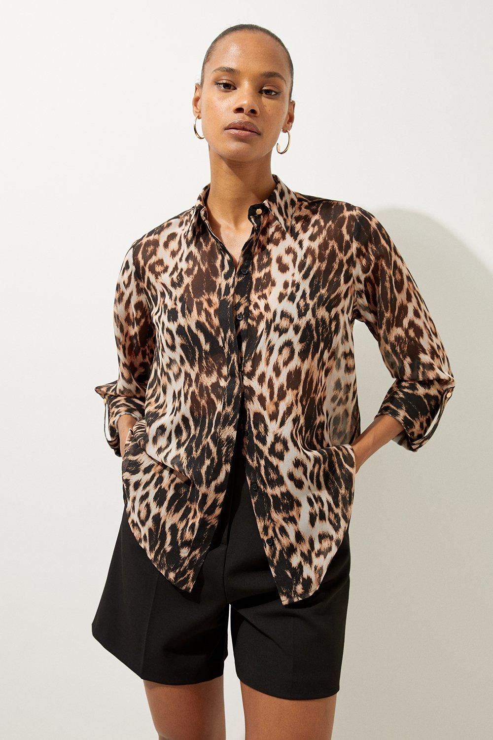 KarenMillen Viscose Cheetah Woven Sheer Beach Shirt