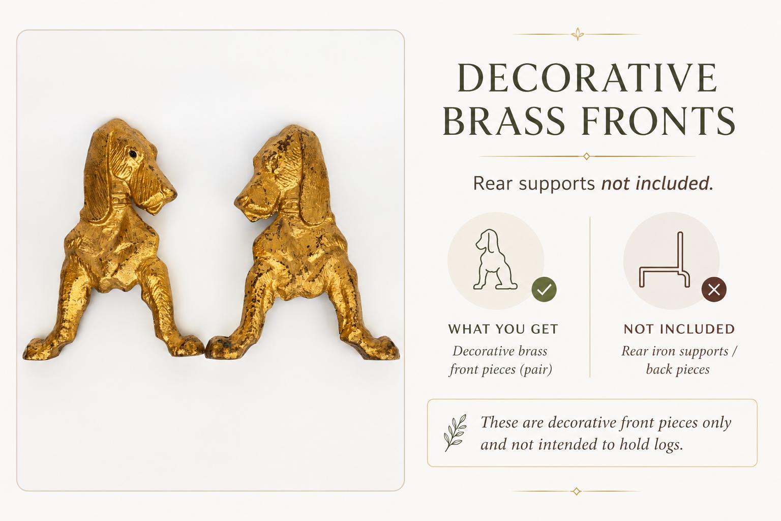 Vintage Solid Cast Brass Decorative Hound Dog Andirons Pair - Fireplace Hearth Decor