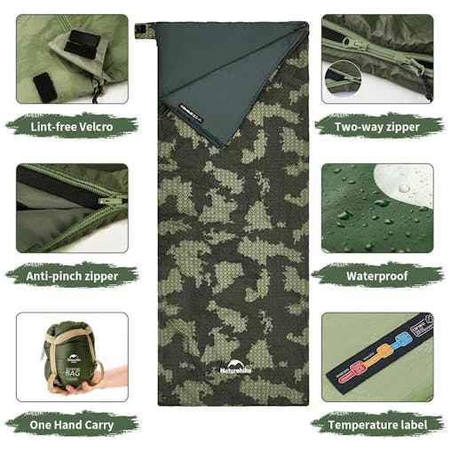 NNEOBA Camouflage Ultralight Waterproof Sleeping BagSplicable 3-Season Green