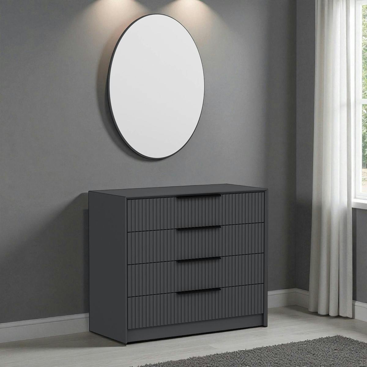 Commode moderne grise 4 tiroirs, miroir assorti BYRON