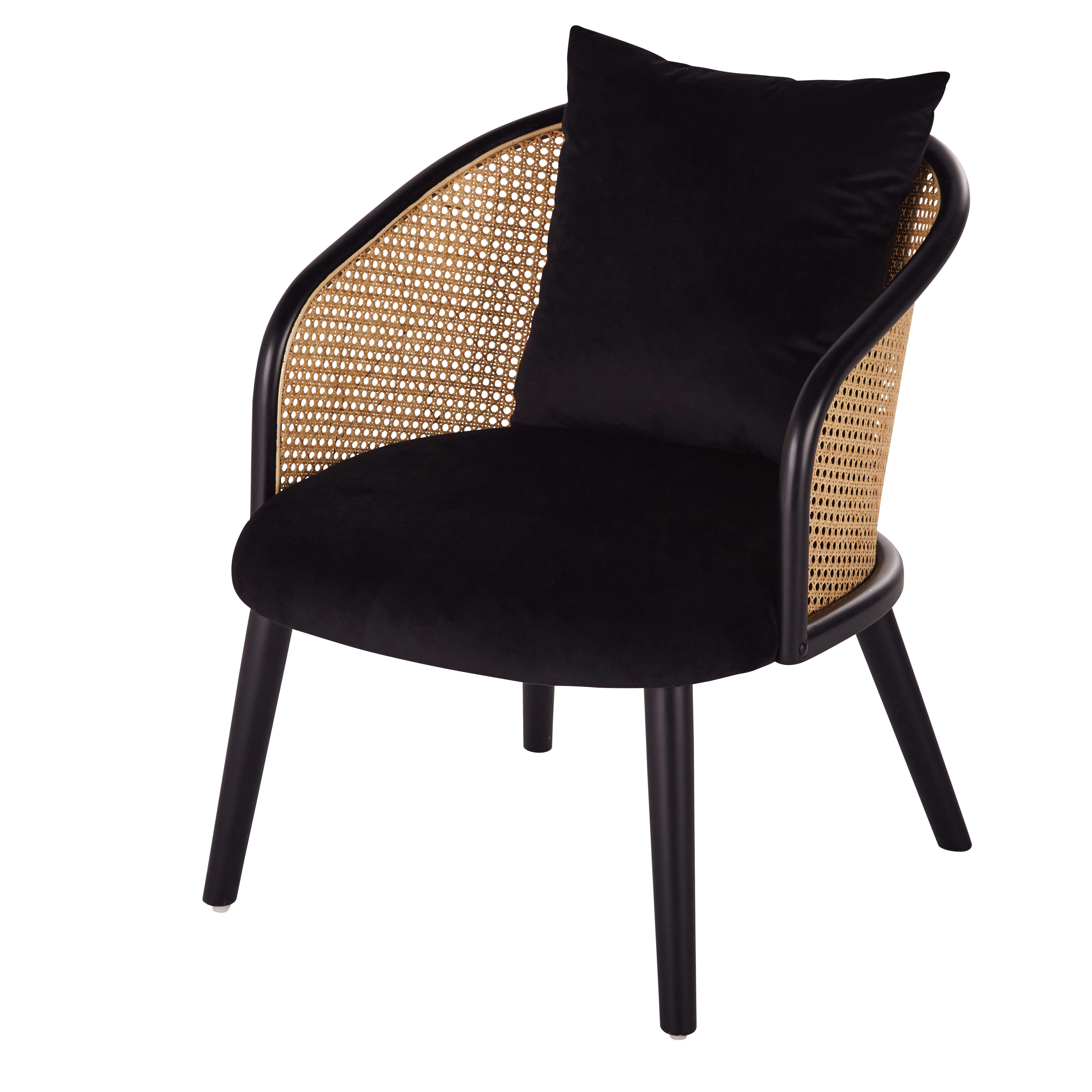 Sockette - Fauteuil en velours noir et cannage en rotin