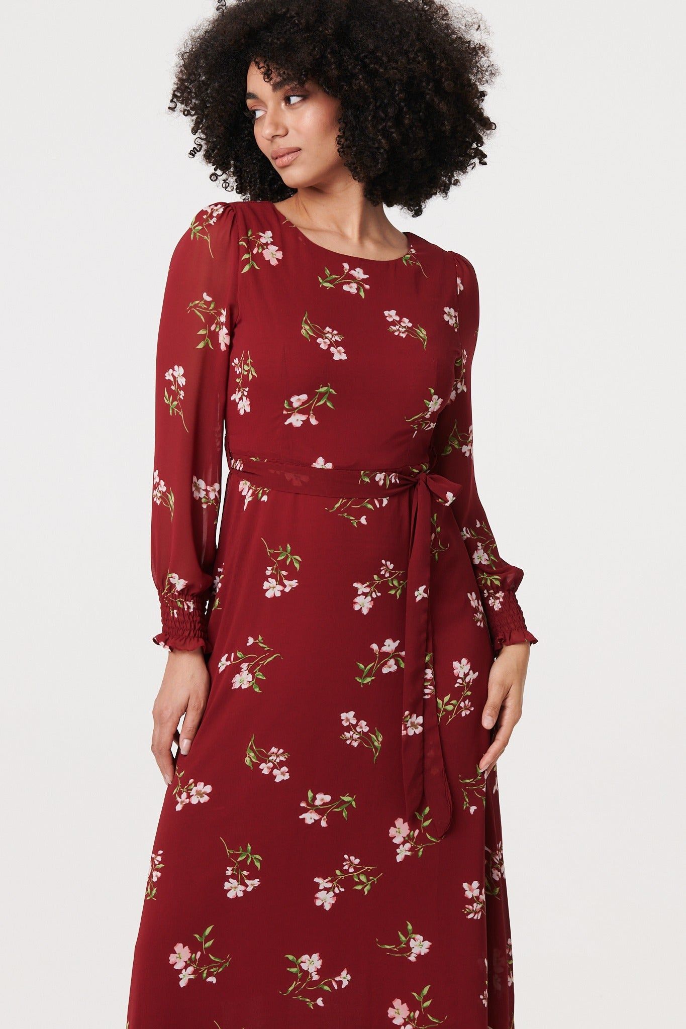 Izabel London Floral Sheer Layer Tie Waist Maxi Dress