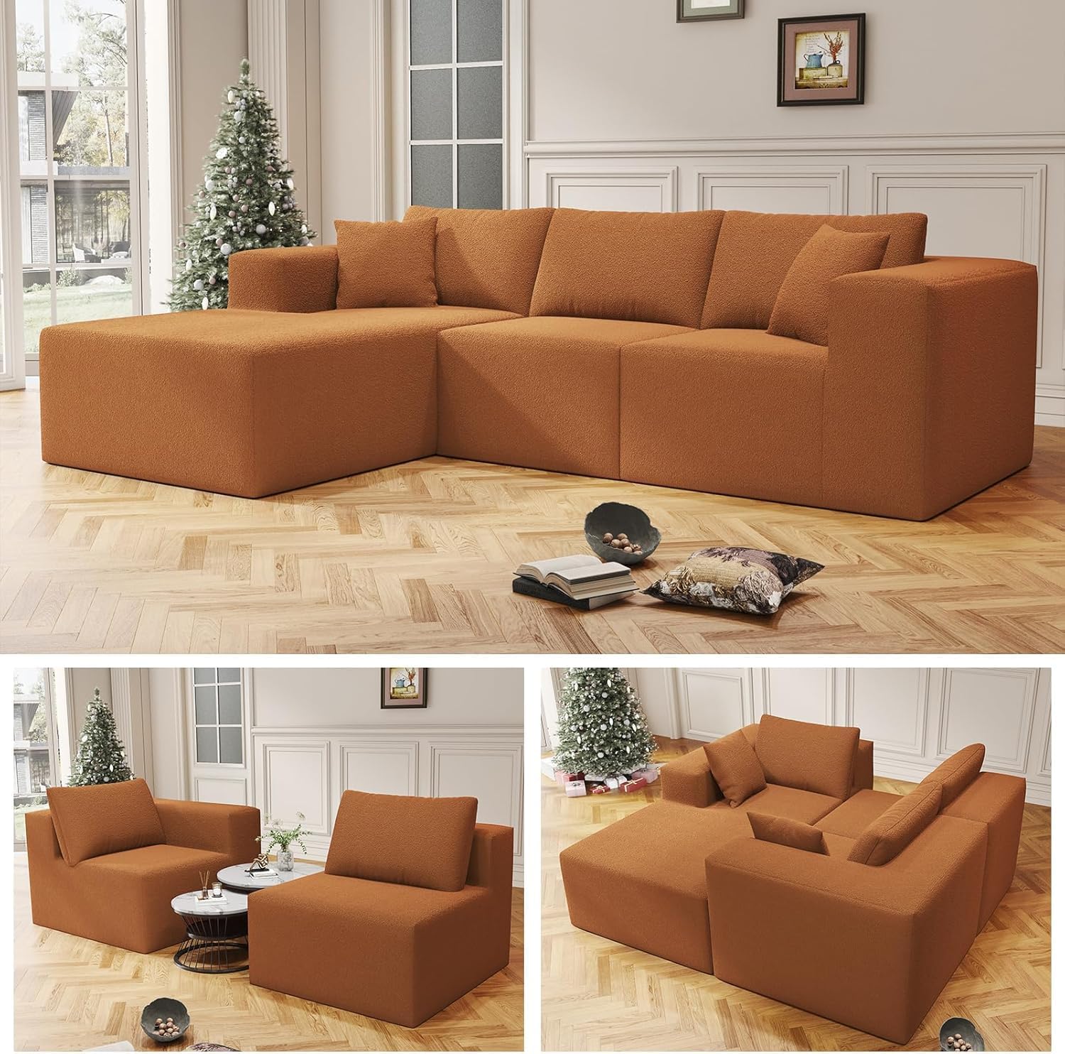 108 Orange Boneless Cloud Couches for Living Room L Shapes Sectional Sofa with Chaise Lounge, Comfy Teddy Fabric Memory Foam Couch Including Throw Pillow and Backrest - Removable Washable