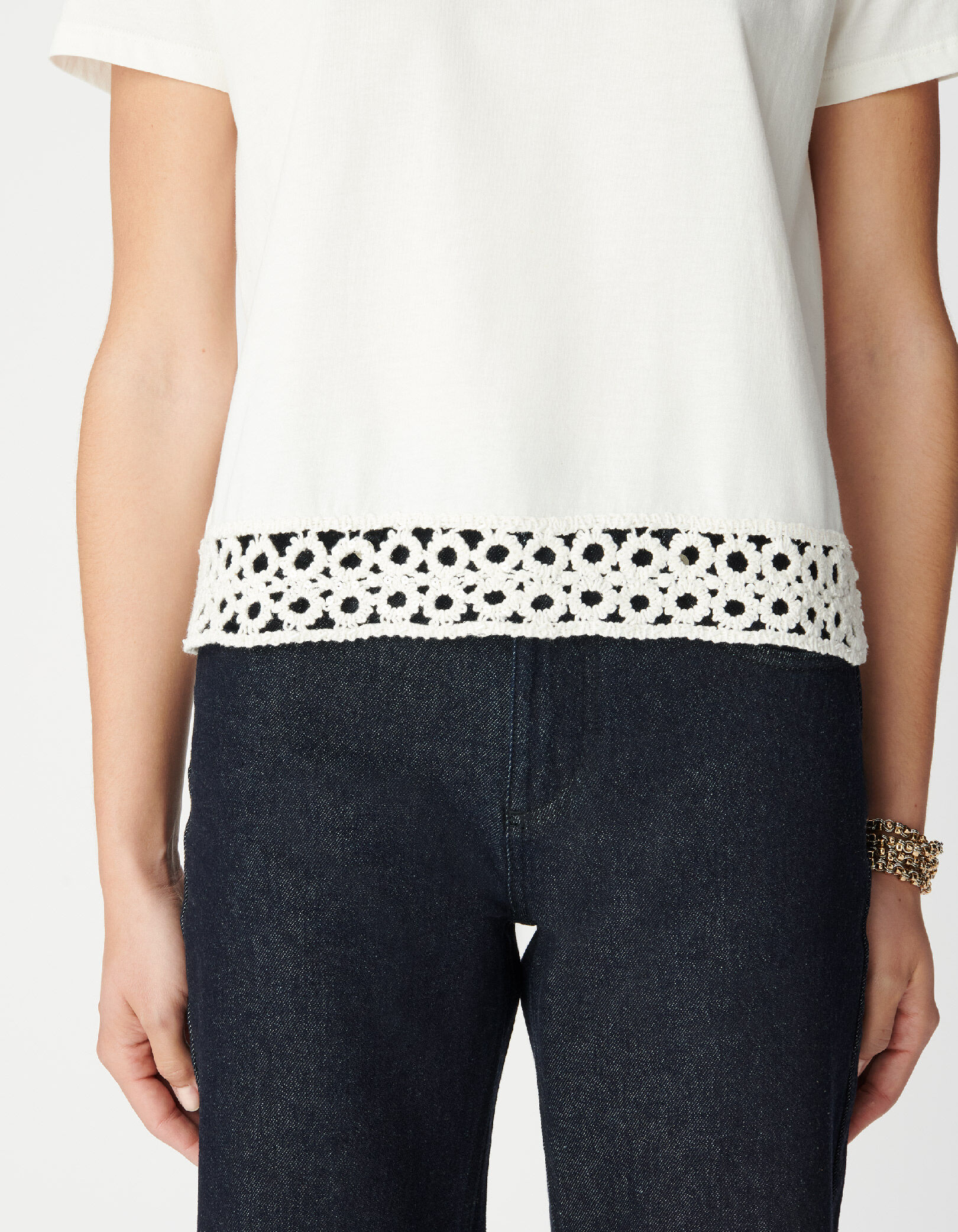 Tee-shirt col rond blanc détail crochet et sequins Femme