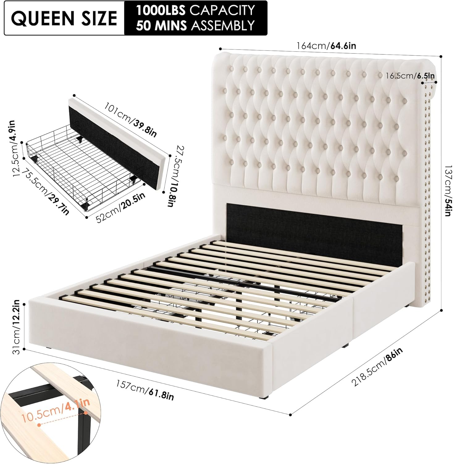 Queen Size Bed Frame 54 Tall Headboard with Gorgeous Button Tufted and Nail, Velvet Fabric Upholstered Bed Frame includes 4 Under-bed Storage Drawers, Wooden Slats, Noise-Free, Easy Assembly, Beige