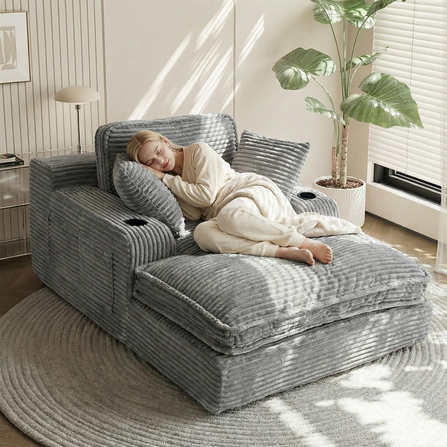 67 Oversized Chaise Lounge Chair Indoor, Soft Boneless Cloud Couch with 3 Pillows, 4 Side Pockets and 2 Cup Holders, Comfy Corduroy Sleeper Couch for Living Room Bedroom