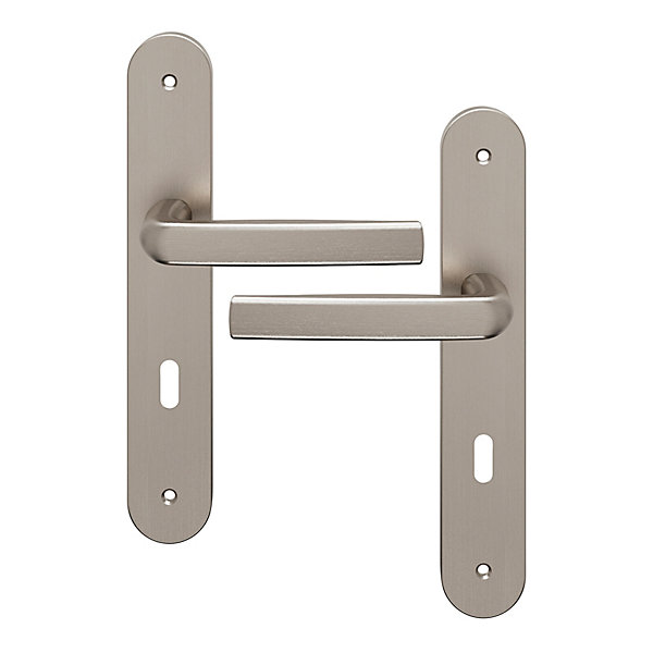 Ensemble poignée sur plaque Incurvé serrure GoodHome Primel effet nickel satin gris L.126mm x l.40mm entraxe 195mm