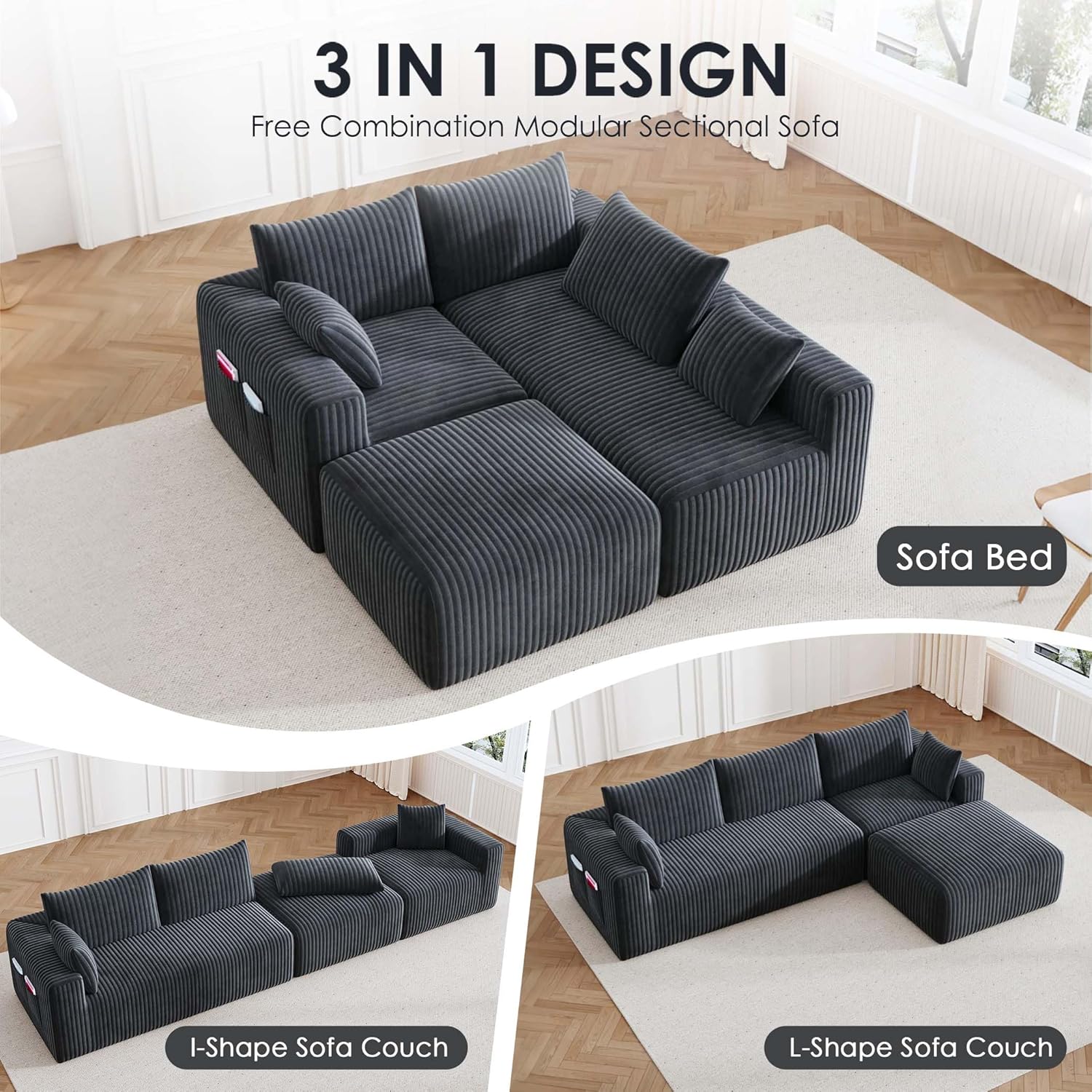 108 Cloud Couch Modular Sectional Sofa for Living Room,L Shaped Boneless Couch with Deep Seat Chaise,No Assembly Required Foam Sleeper Sofa for Apartments,Plush Corduroy Fabric, Dark Grey