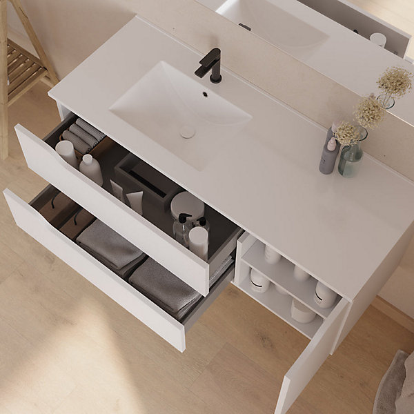 Meuble sous vasque seul, 2 tiroirs et 1 porte, 120cm, vasque déportée gauche - blanc mat - ZARZA