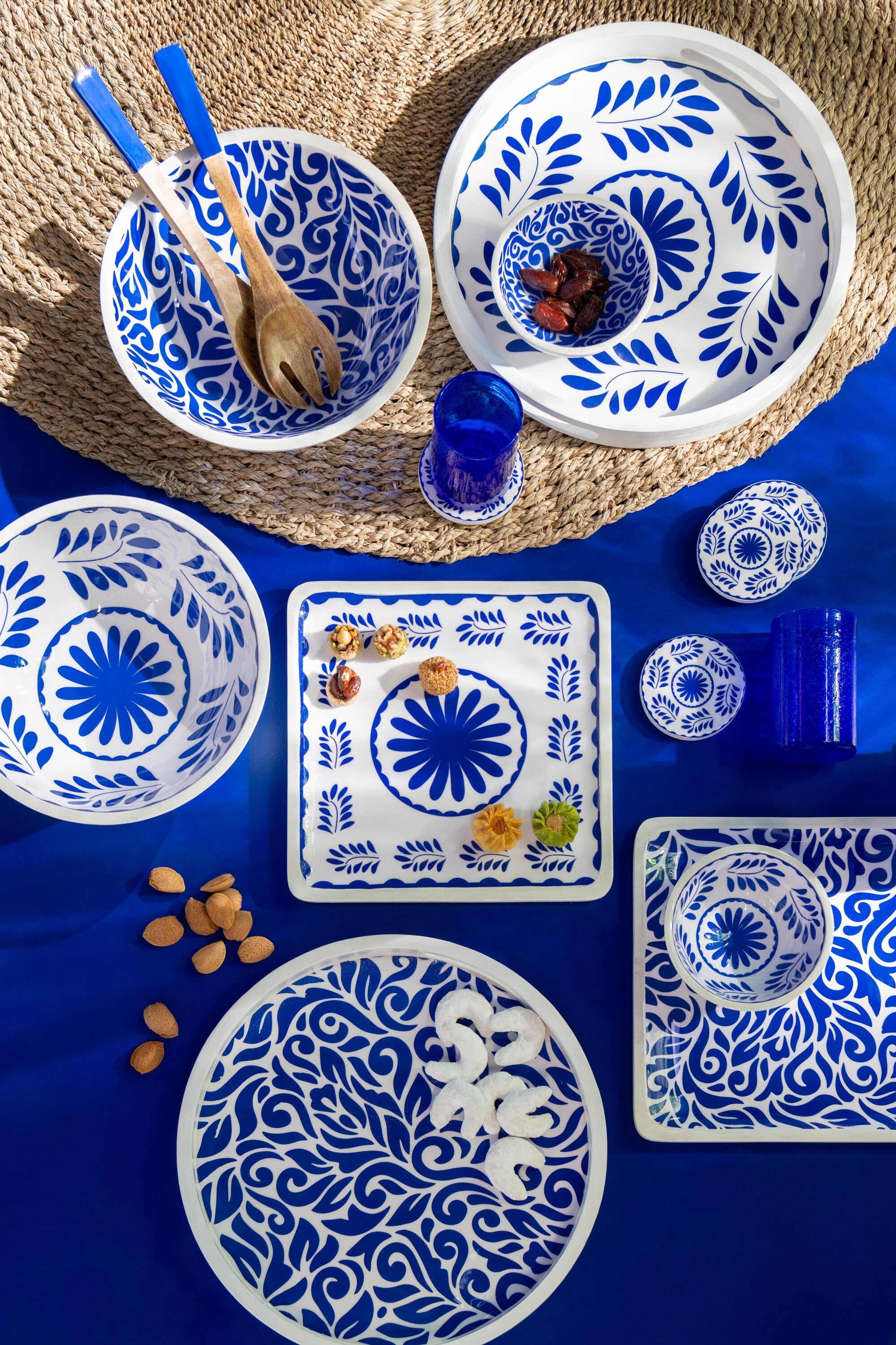 J-Line onderzetter Bloemen - hout - blauw/wit - set van 4