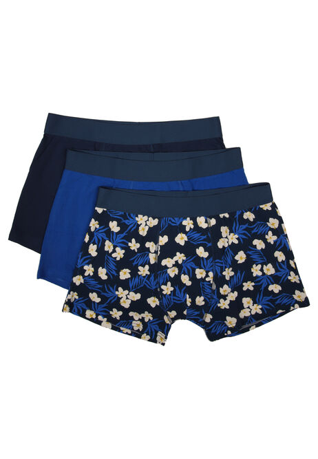 Mens 3pk Blue Hibiscus Hipster Trunks