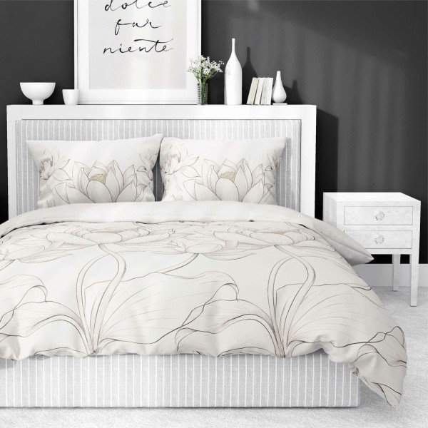 Pościel satynowa 160x200 kremowa kwiat lotosu – 5543 A – Home Elegance