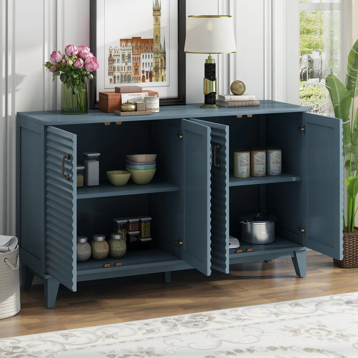 Large Storage Buffet with Adjustable Shelves and Metal Handles