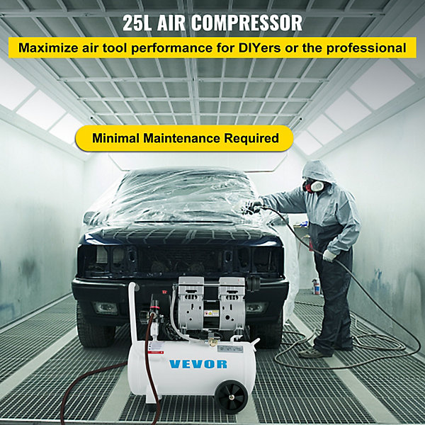 Compresseur air sans huile 25L horizontal faible bruit, moteur cuivre, usage domestique.