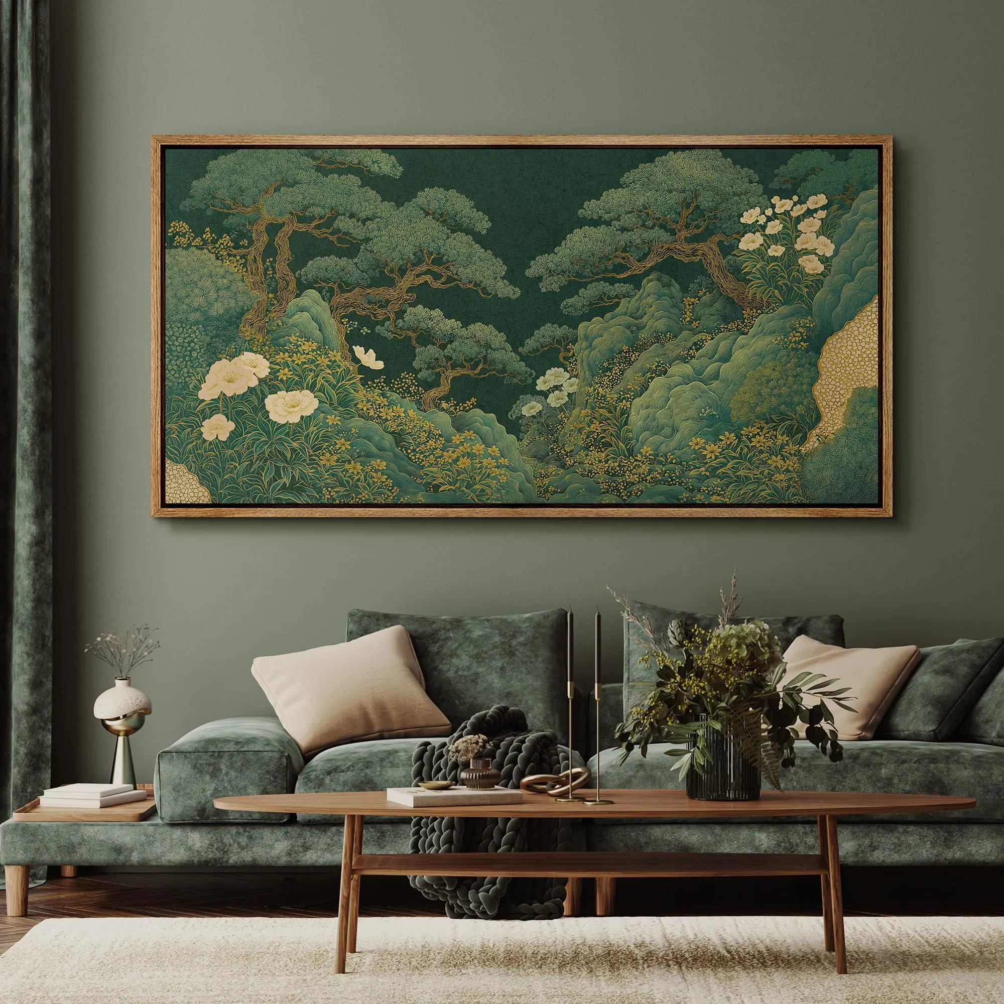 Large Framed Asian Botanical Landscape Wall Art, Japanese Style Pine Tree Garden Canvas Print, Oriental Nature Decor for Living Room