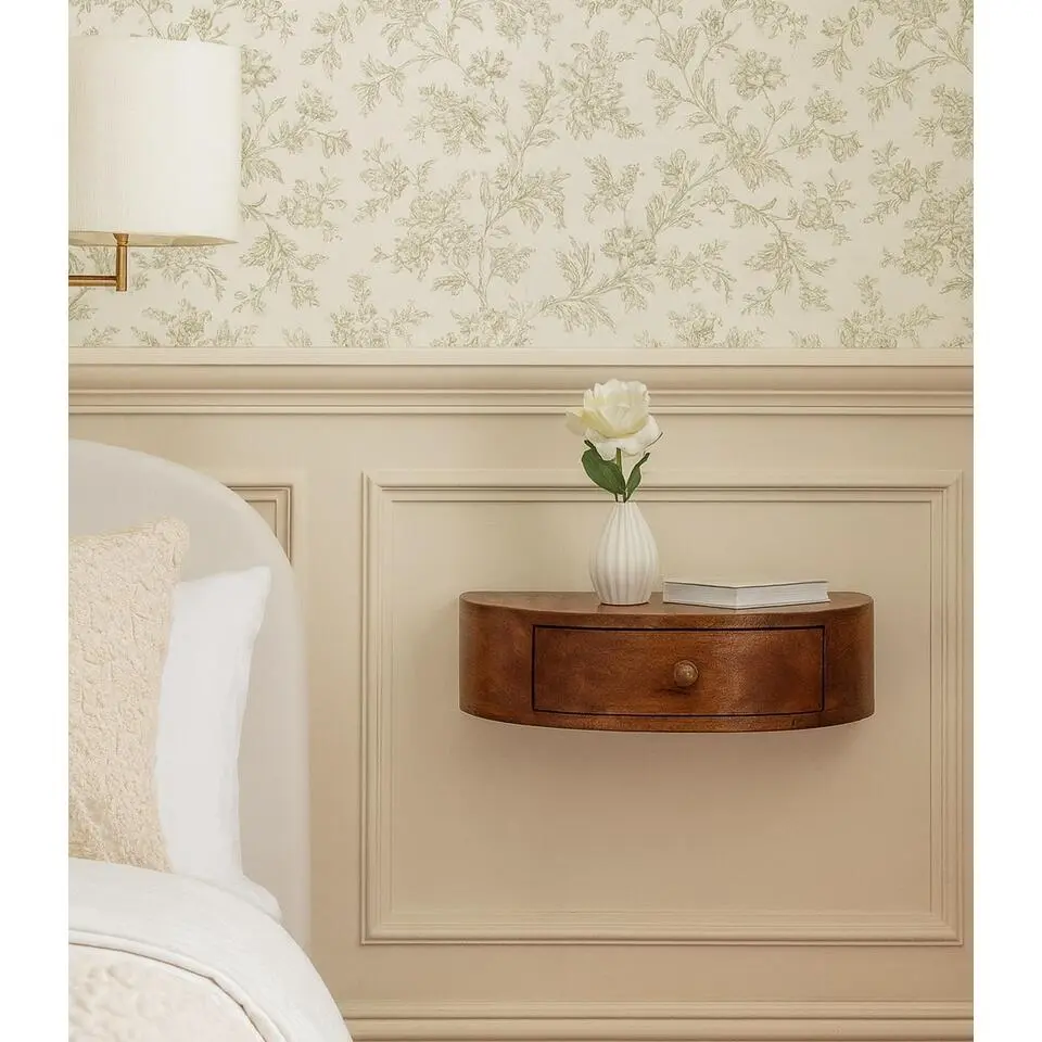 Honey Caramel Wandgemonteerde Afgeronde Nachtkastje, 1 Lade, Donkerbruin