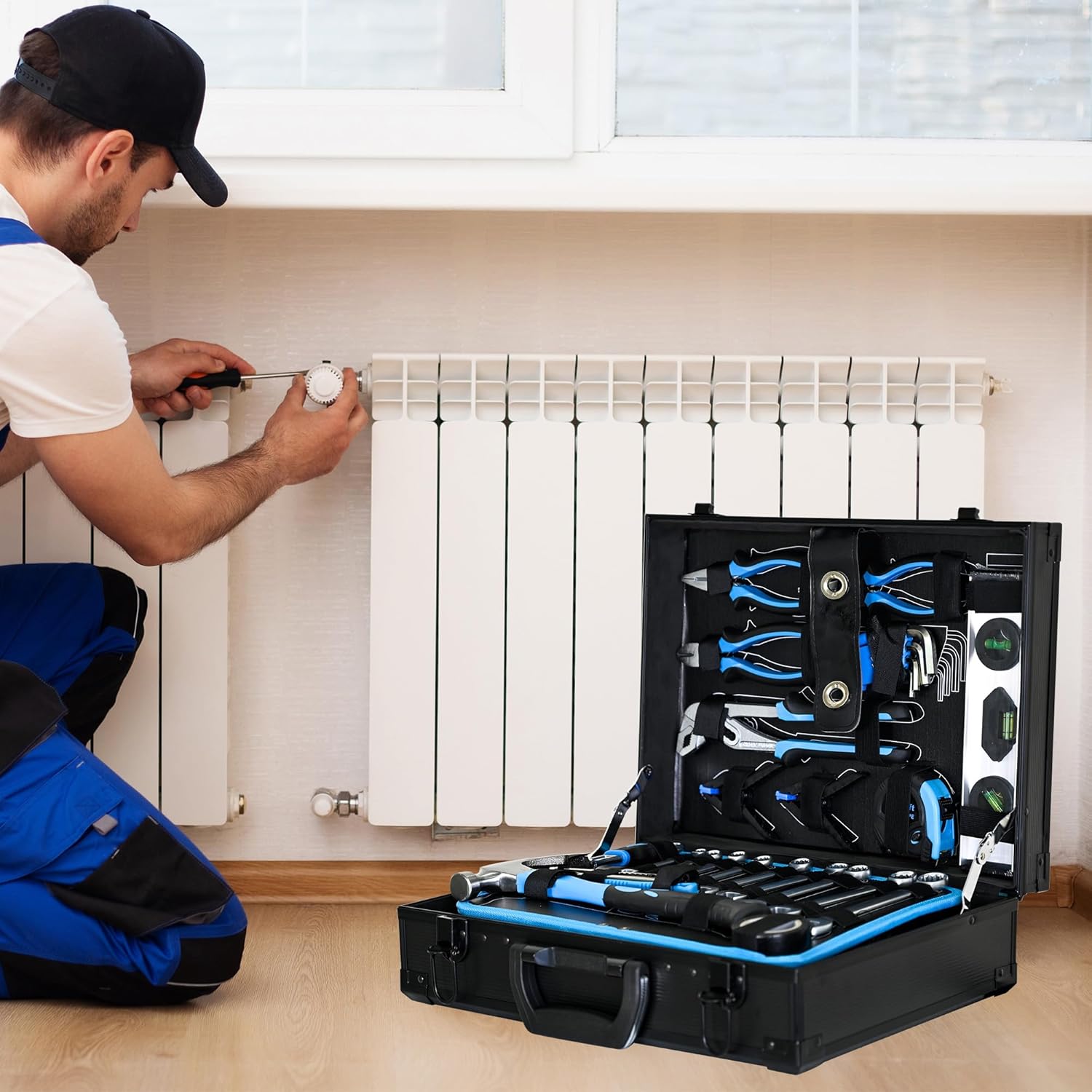 247 Piece Mechanics Tool Set, Premium Aluminum Tool Box with Tools Included, General Home Repair Tool Kit for Auto, House and DIY, 1/4 and 1/2 Drive Socket Wrench Kit, Blue