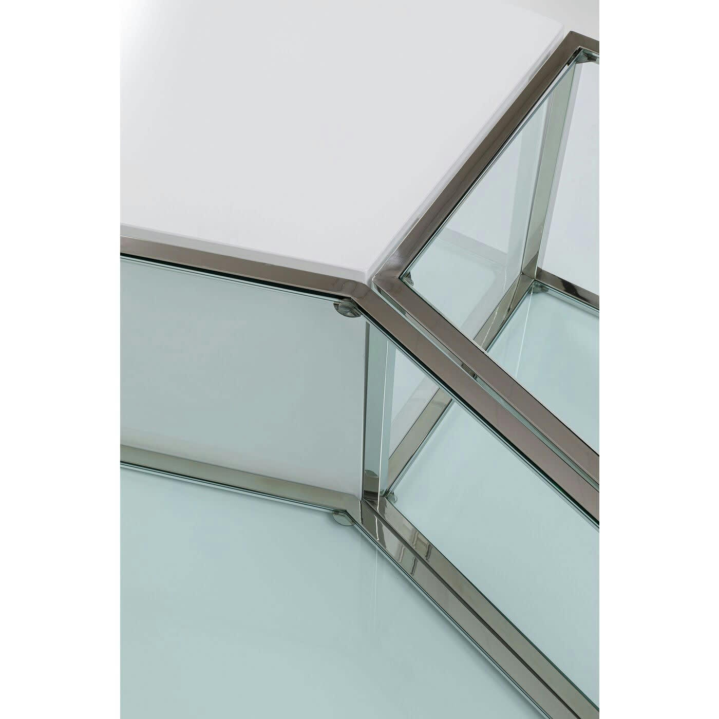 COMBINATION - Table basse blanche, acier inoxydable et verre