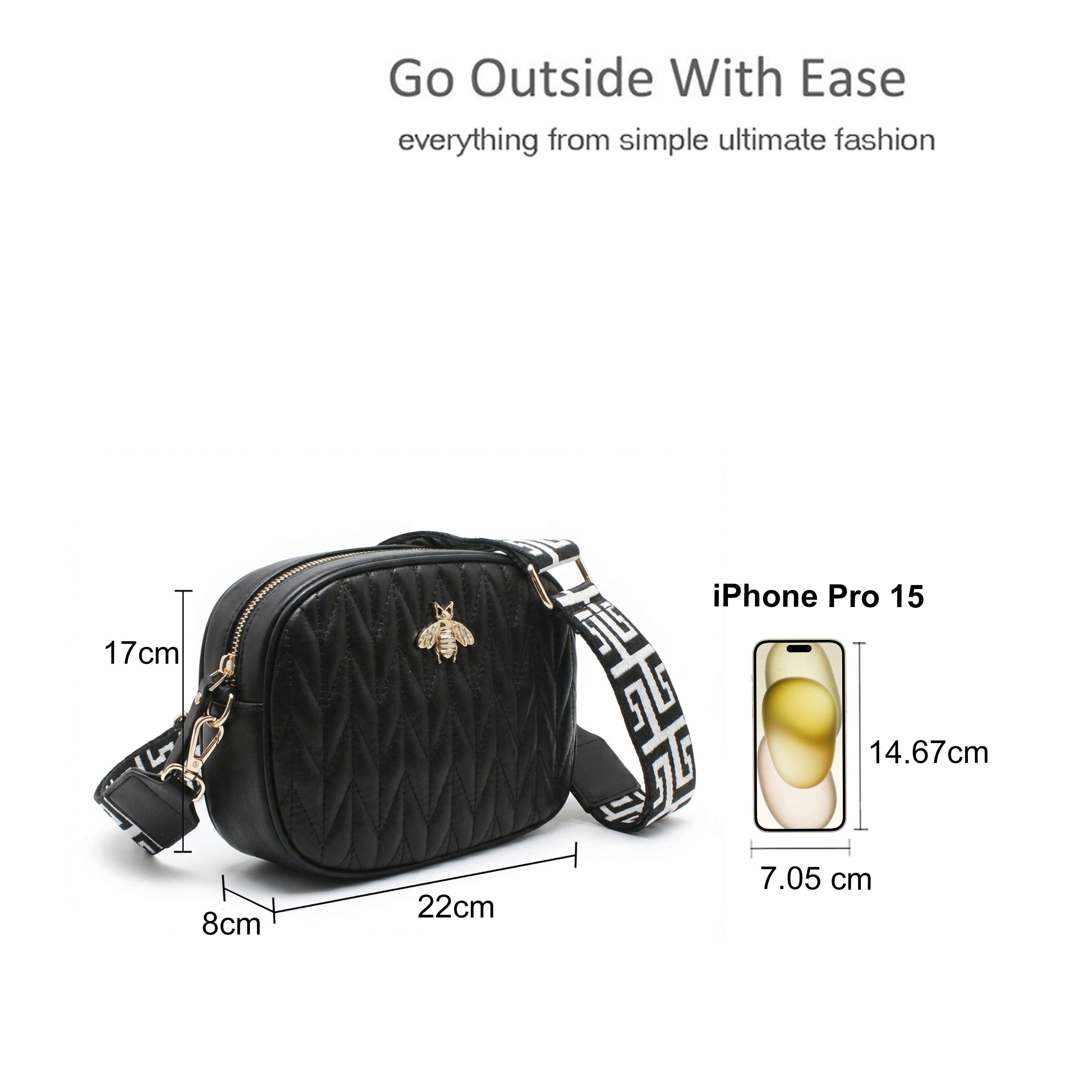 Kitise Bee Emblem Quilted Crossbody Camera Bag WIth Canvas Strap