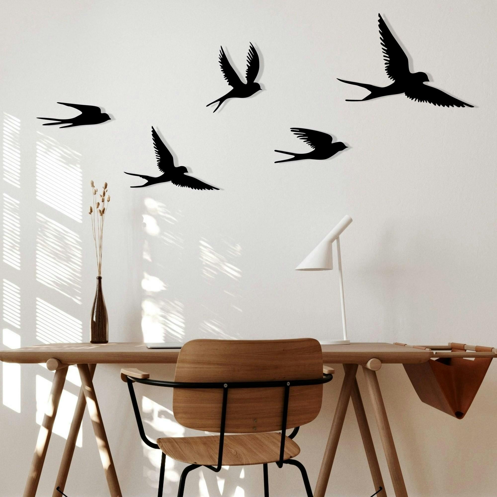 Décoration murale métal noir – envolée d'oiseaux (lot de 5)
