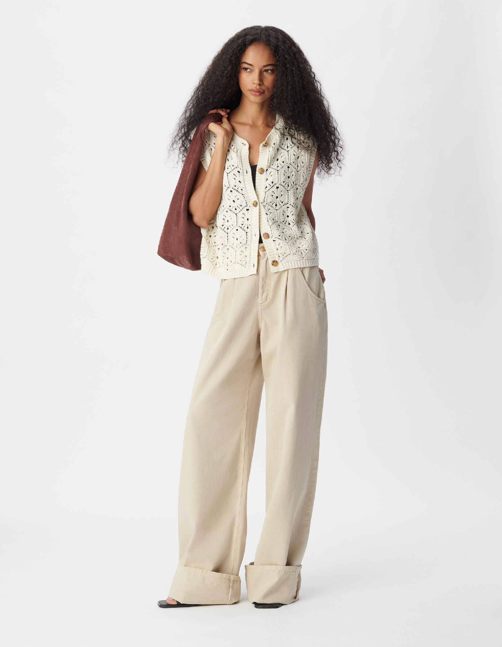 Cardigan sans manches écru tricot ajouré Femme