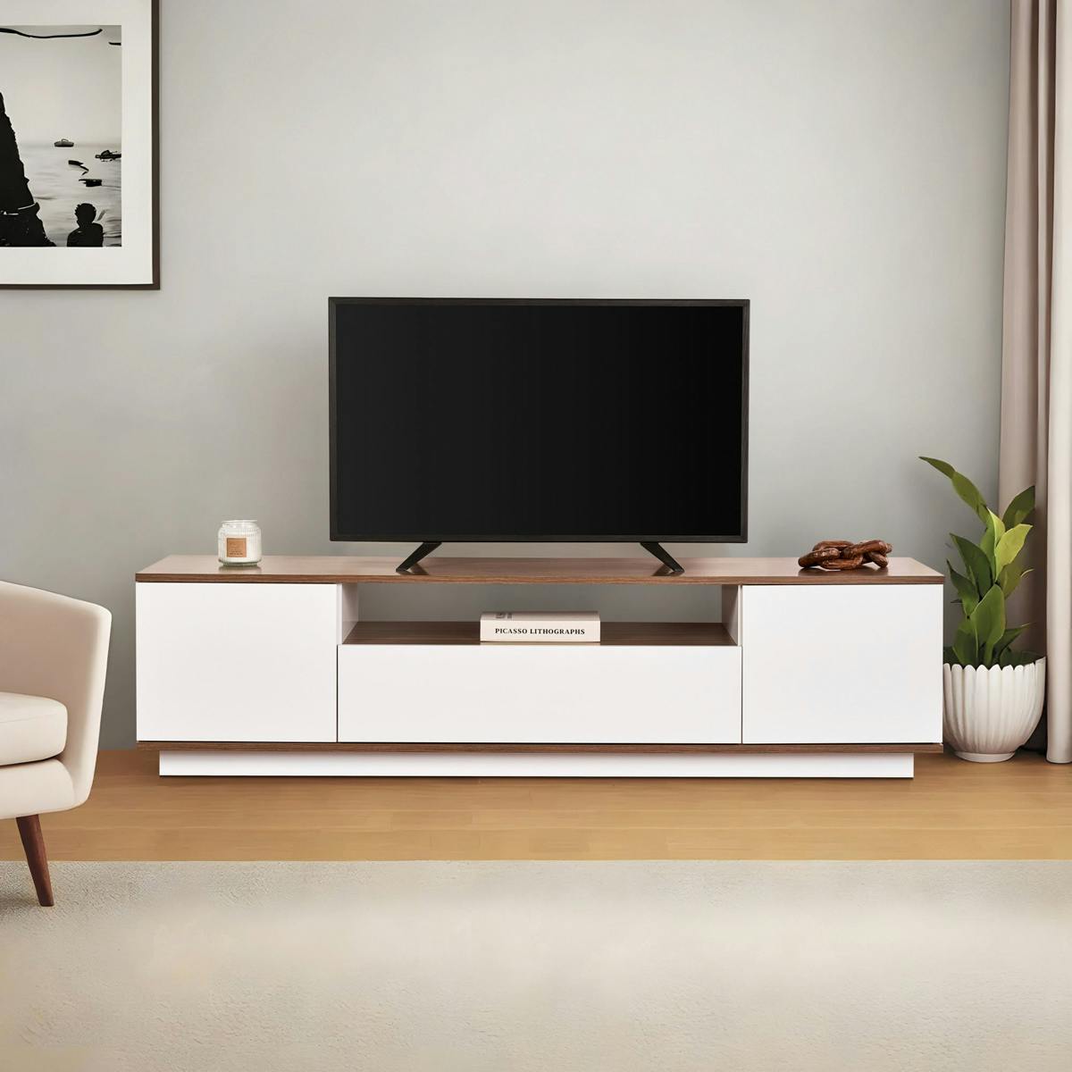 Meuble TV moderne 3 portes blanc et effet noyer MARFA