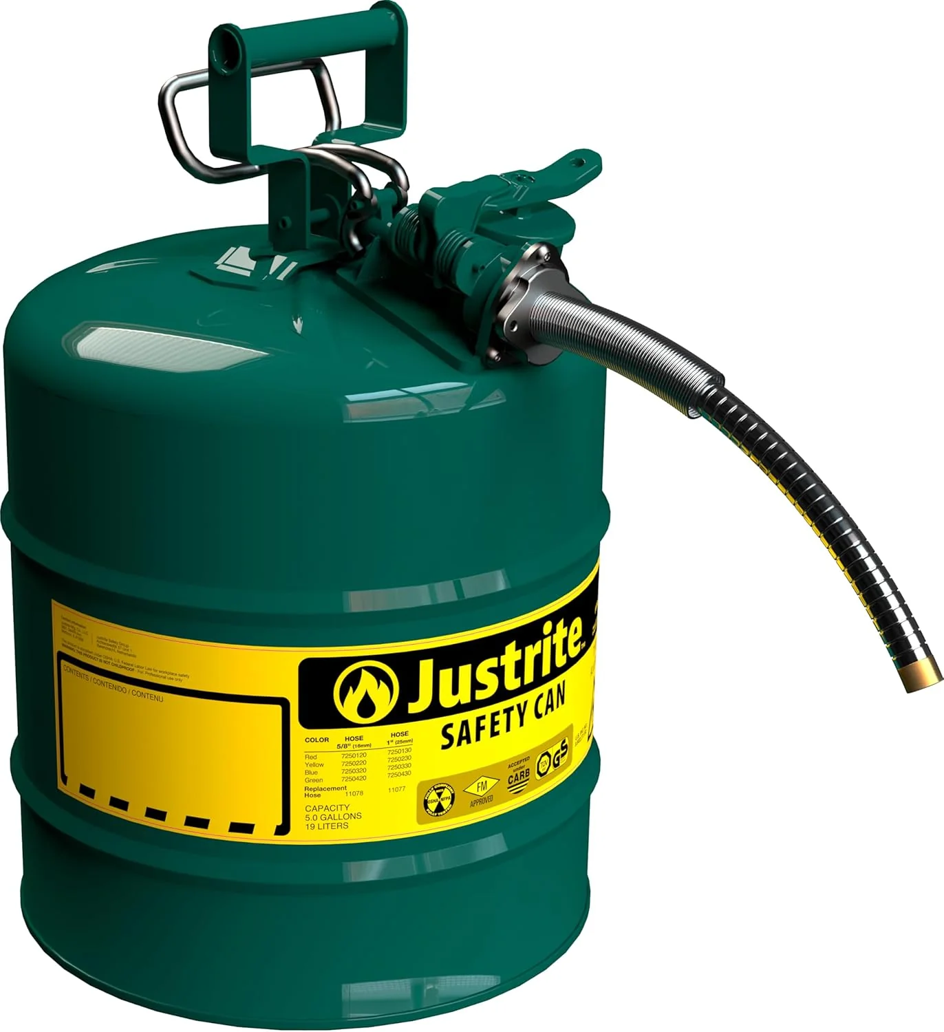 Justrite 5-Gallon Type II Red Safety Gas Can  OSHA-Approved Steel Fuel Container with Flame Arrester, Self-Closing Lid  1 Flexible Spout (7250130)(Green/5 Gallon/5/8)