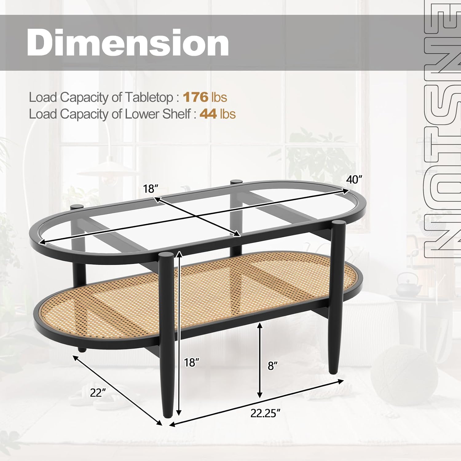 Giantex Rattan Coffee Table, 2-Tier Oval Wood Tea Table with Tempered Glass Tabletop & PE Rattan Storage Shelf, 40 Boho Cocktail Tables, Mid Century Modern Center Table for Living Room Office, Black