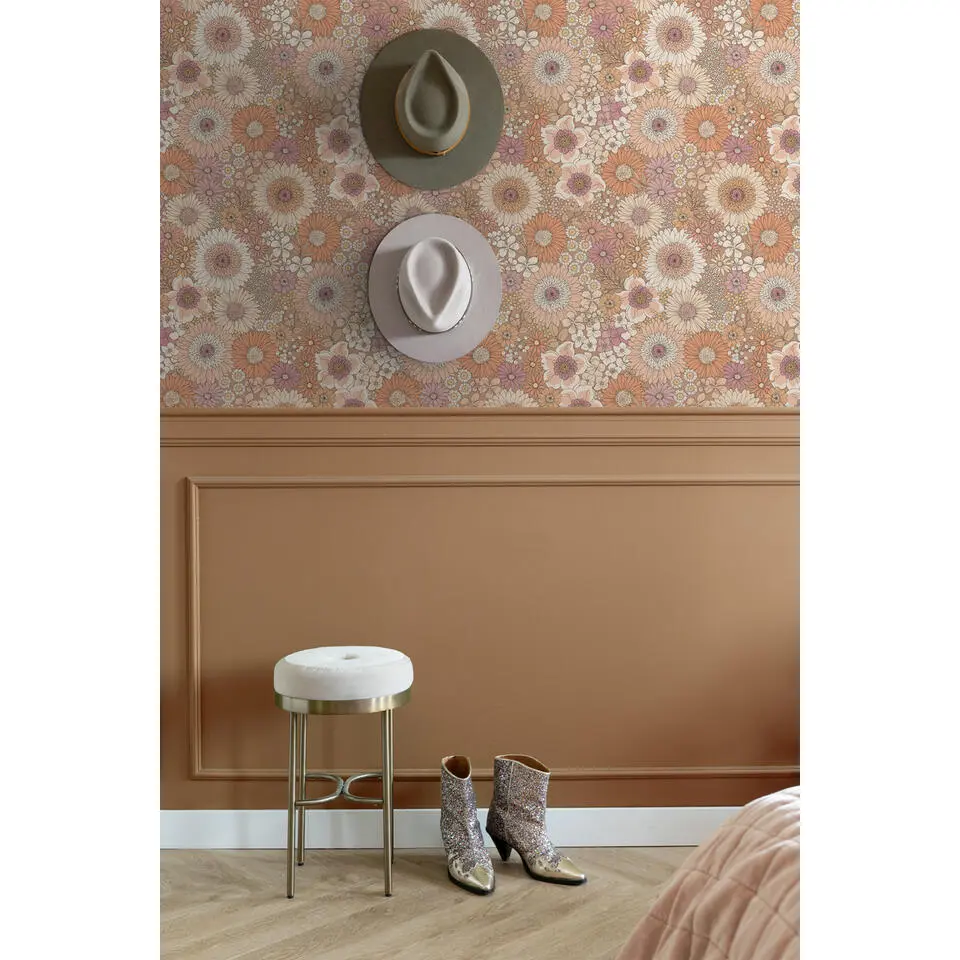 ESTAhome behang retro bloemen terracotta, paars en wit - 53 cm x 10.05 m