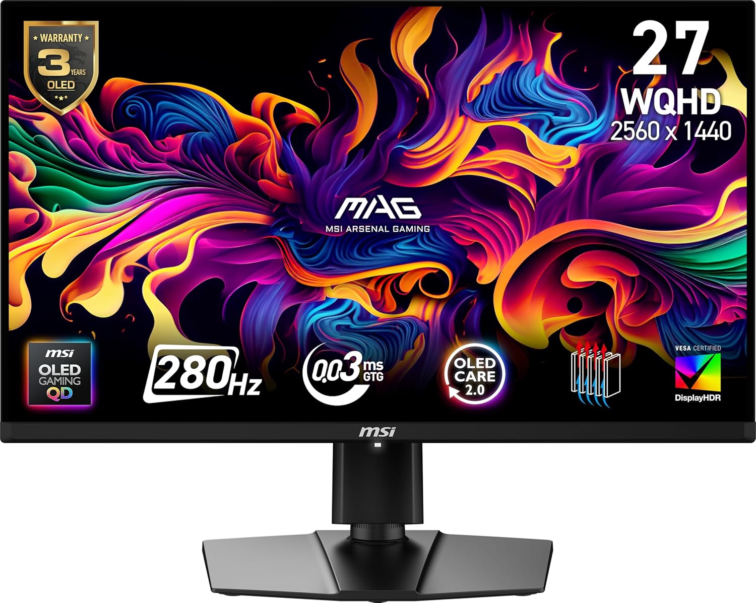 msi MAG 271QP QD-OLED X28 27-inch 2560 x 1440 (QHD) Gaming Monitor  280Hz  Adaptive-Sync  HDR Ready  HDMI  VGA Port  VESA Mountable  Tilt  4-Side Slim Bezel  0.03ms  Black